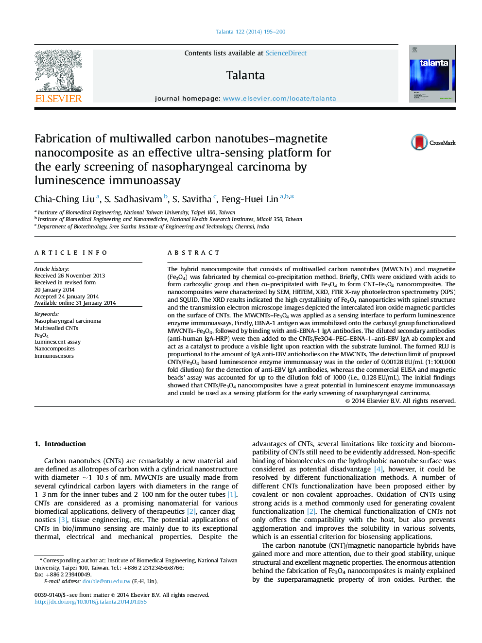 Fabrication of multiwalled carbon nanotubes-magnetite nanocomposite as an effective ultra-sensing platform for the early screening of nasopharyngeal carcinoma by luminescence immunoassay