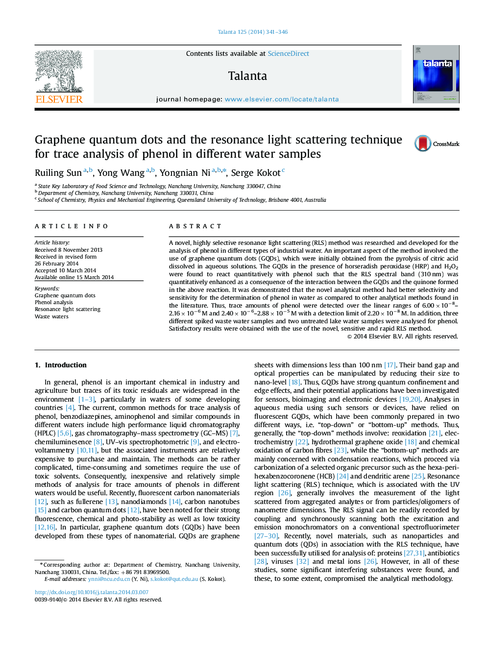 Graphene quantum dots and the resonance light scattering technique for trace analysis of phenol in different water samples