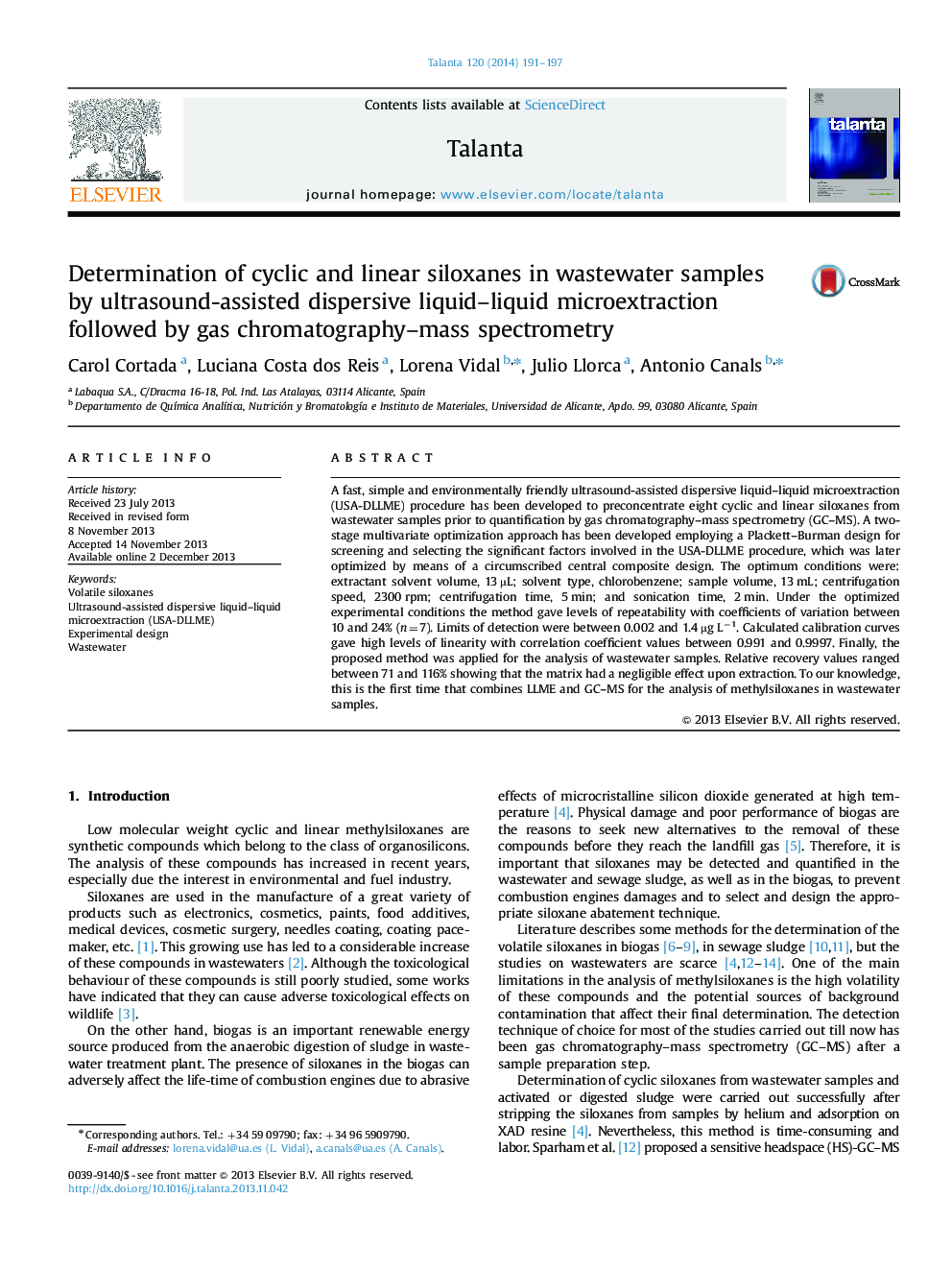 Determination of cyclic and linear siloxanes in wastewater samples by ultrasound-assisted dispersive liquid-liquid microextraction followed by gas chromatography-mass spectrometry
