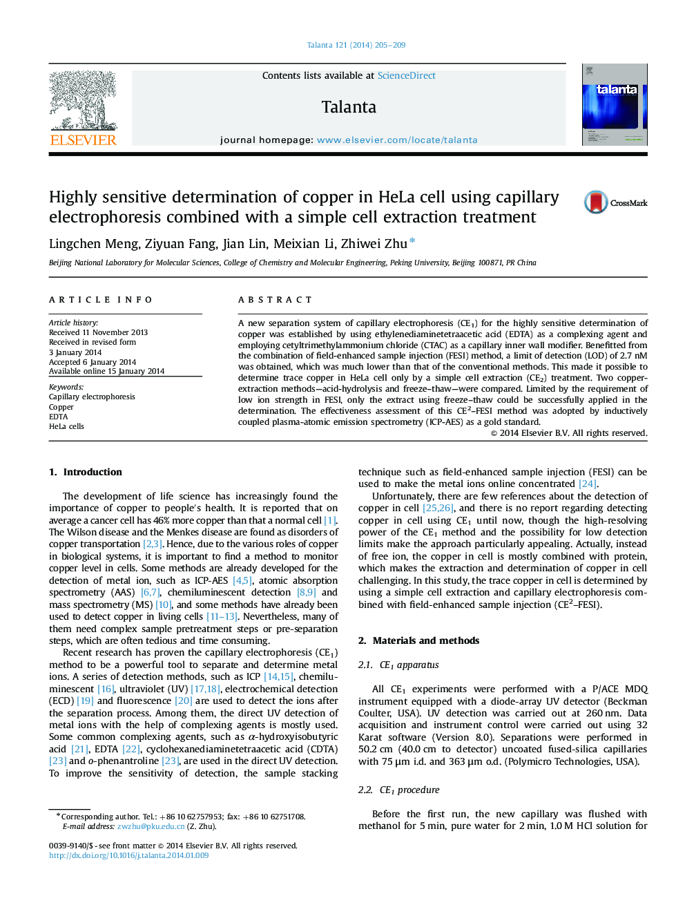 Highly sensitive determination of copper in HeLa cell using capillary electrophoresis combined with a simple cell extraction treatment