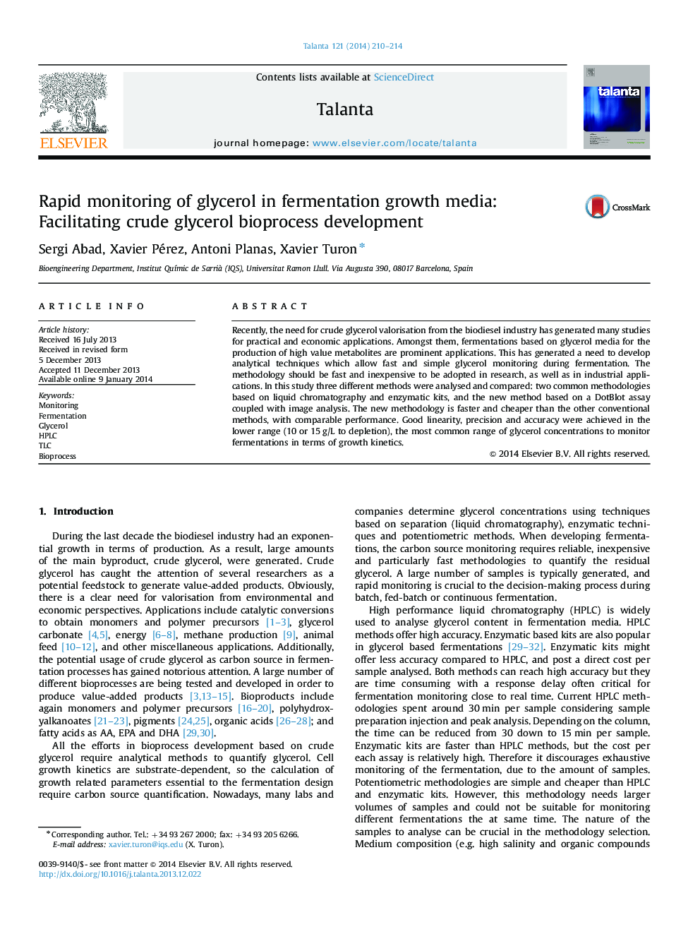 Rapid monitoring of glycerol in fermentation growth media: Facilitating crude glycerol bioprocess development