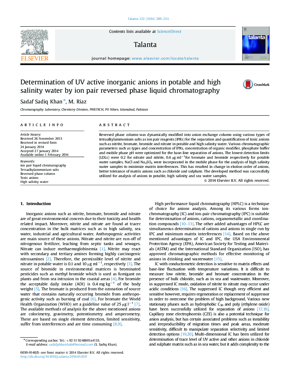 Determination of UV active inorganic anions in potable and high salinity water by ion pair reversed phase liquid chromatography