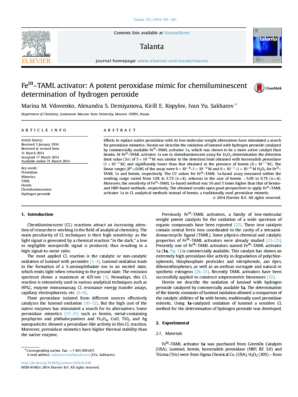 FeIII-TAML activator: A potent peroxidase mimic for chemiluminescent determination of hydrogen peroxide