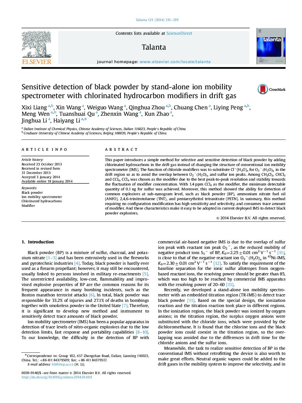 Sensitive detection of black powder by stand-alone ion mobility spectrometer with chlorinated hydrocarbon modifiers in drift gas