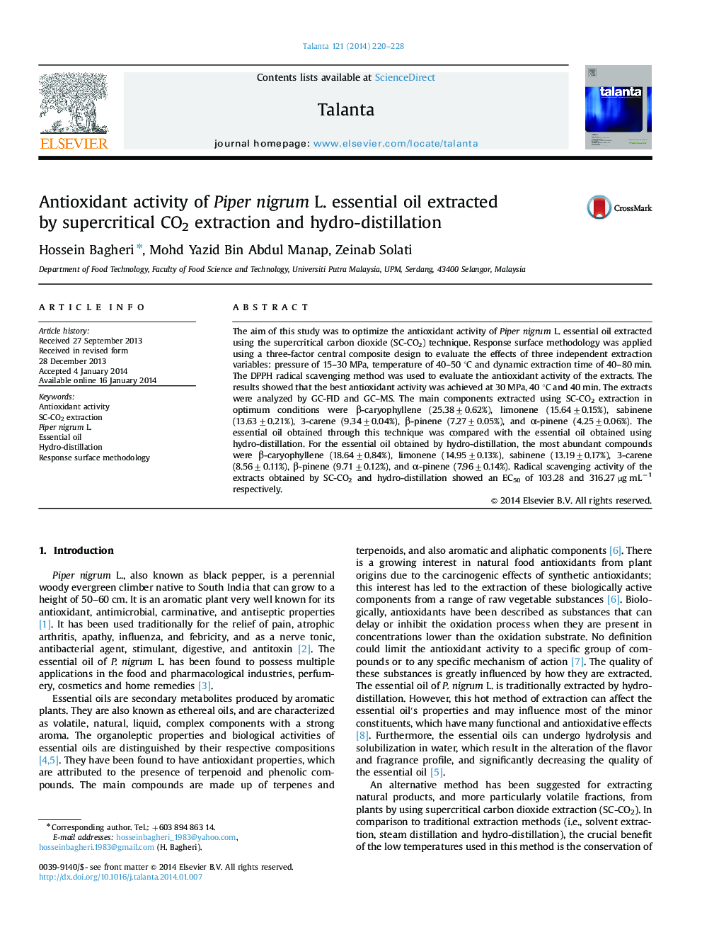 Antioxidant activity of Piper nigrum L. essential oil extracted by supercritical CO2 extraction and hydro-distillation