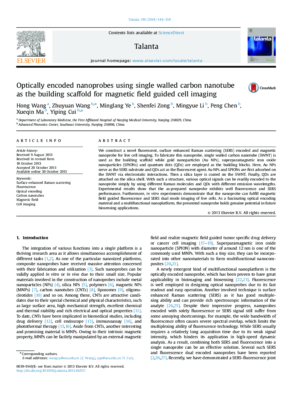 Optically encoded nanoprobes using single walled carbon nanotube as the building scaffold for magnetic field guided cell imaging