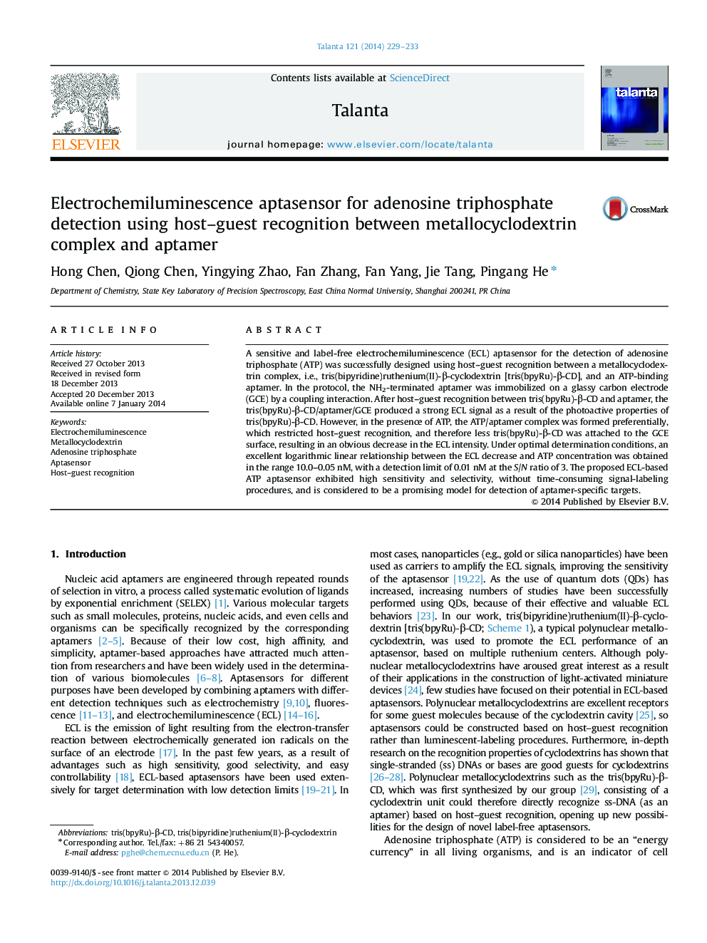 Electrochemiluminescence aptasensor for adenosine triphosphate detection using host-guest recognition between metallocyclodextrin complex and aptamer