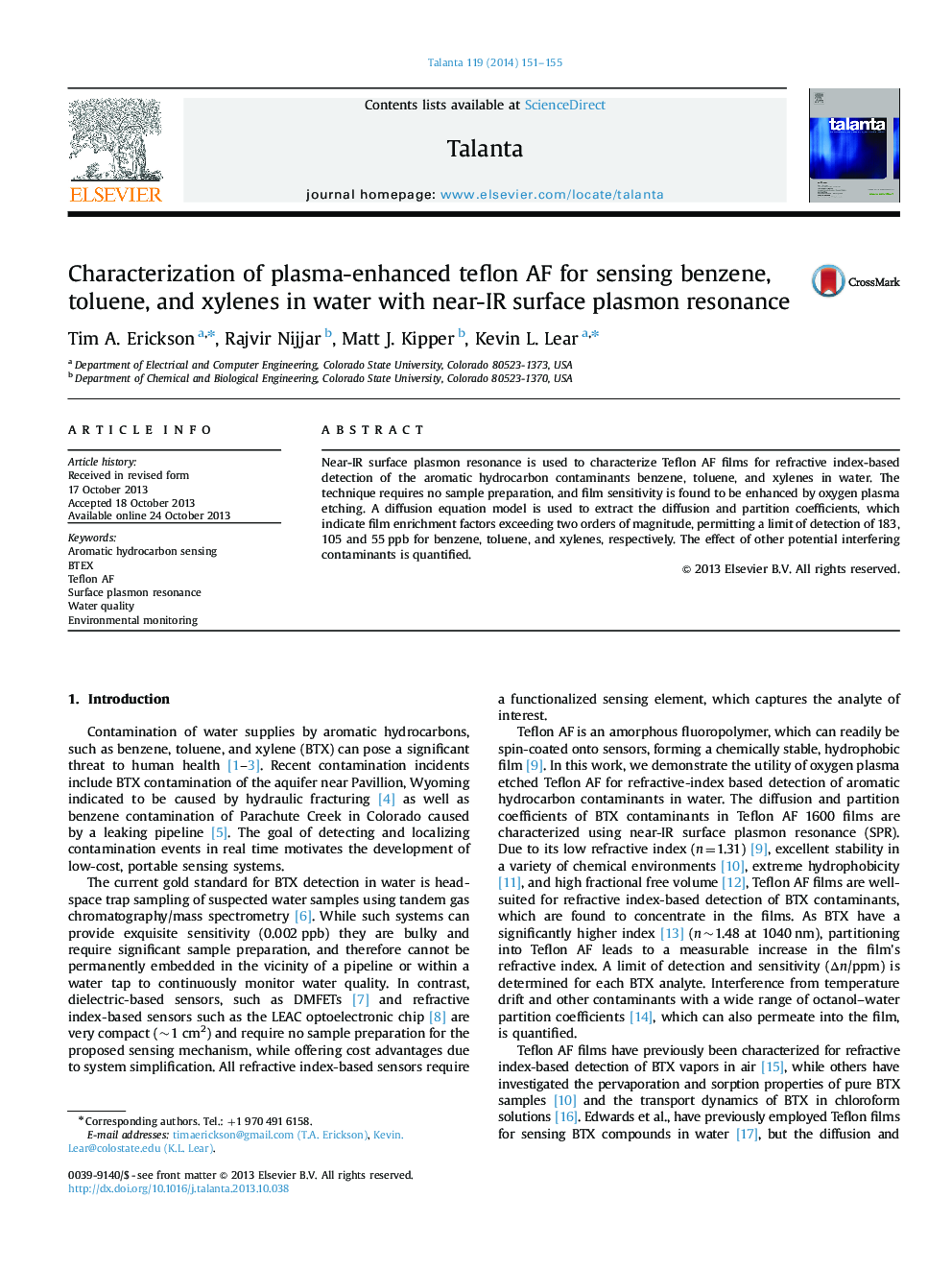 Characterization of plasma-enhanced teflon AF for sensing benzene, toluene, and xylenes in water with near-IR surface plasmon resonance