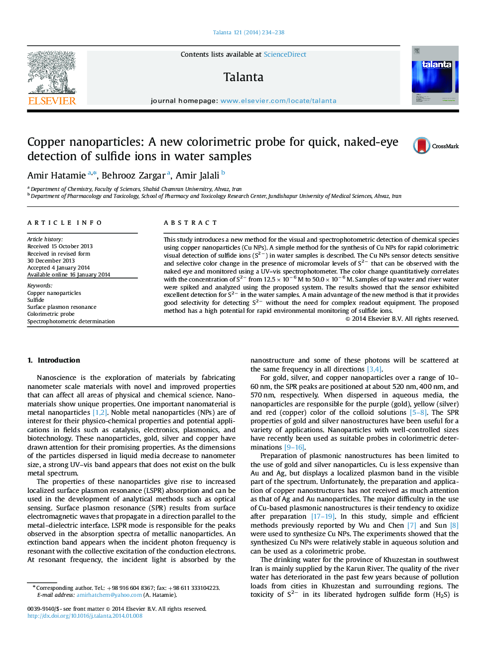 Copper nanoparticles: A new colorimetric probe for quick, naked-eye detection of sulfide ions in water samples