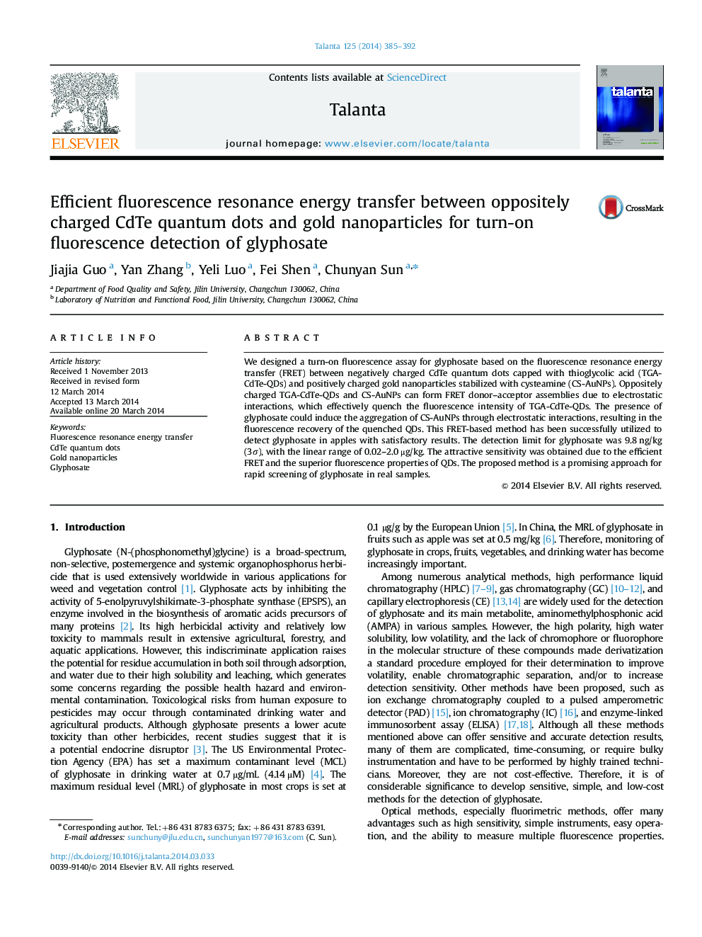 Efficient fluorescence resonance energy transfer between oppositely charged CdTe quantum dots and gold nanoparticles for turn-on fluorescence detection of glyphosate