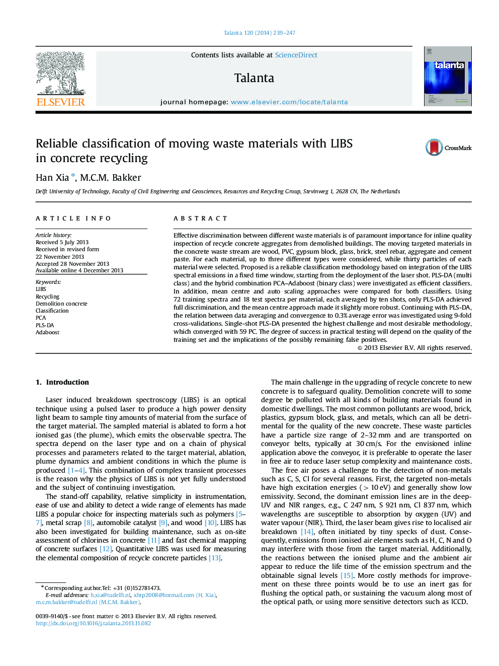 Reliable classification of moving waste materials with LIBS in concrete recycling