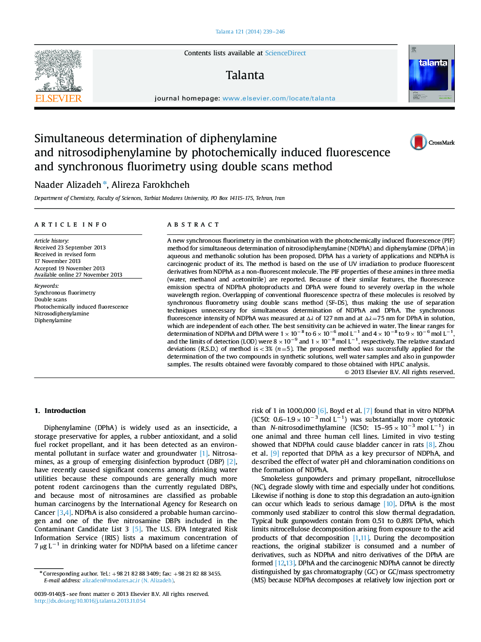 Simultaneous determination of diphenylamine and nitrosodiphenylamine by photochemically induced fluorescence and synchronous fluorimetry using double scans method