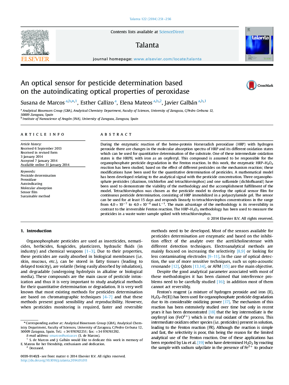 An optical sensor for pesticide determination based on the autoindicating optical properties of peroxidase