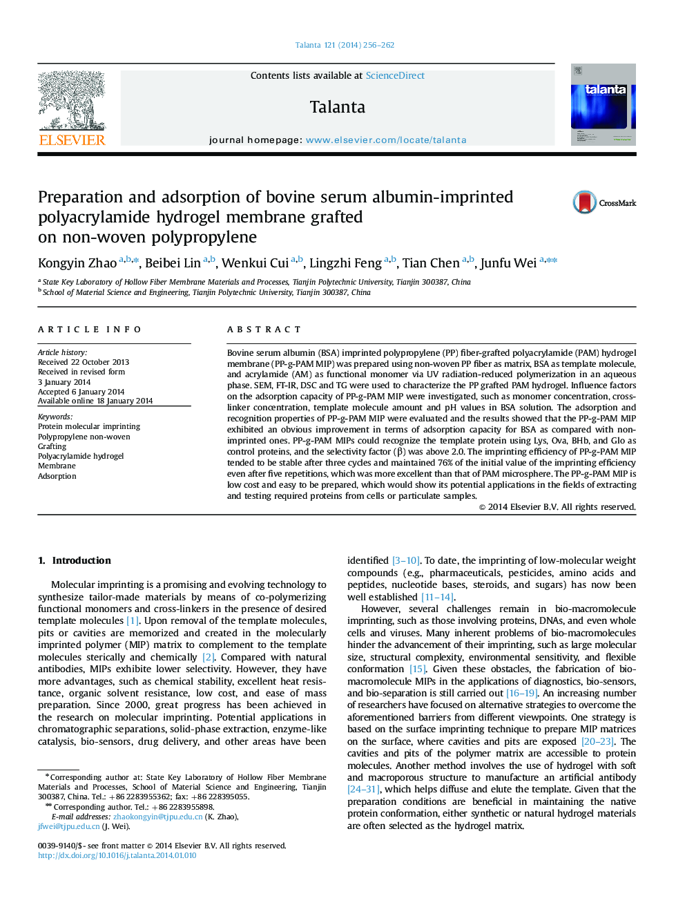 Preparation and adsorption of bovine serum albumin-imprinted polyacrylamide hydrogel membrane grafted on non-woven polypropylene