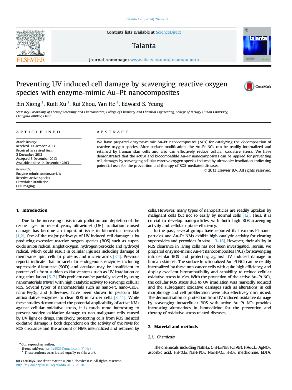 Preventing UV induced cell damage by scavenging reactive oxygen species with enzyme-mimic Au-Pt nanocomposites