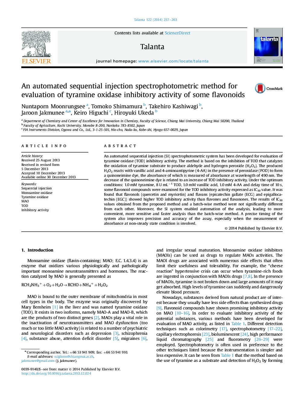 An automated sequential injection spectrophotometric method for evaluation of tyramine oxidase inhibitory activity of some flavonoids