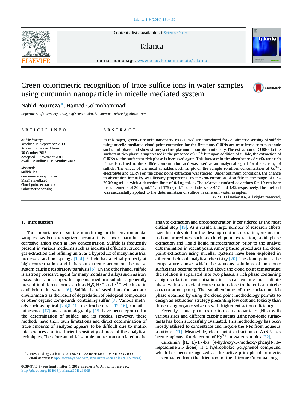 Green colorimetric recognition of trace sulfide ions in water samples using curcumin nanoparticle in micelle mediated system