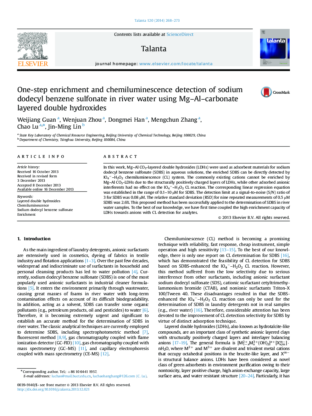 One-step enrichment and chemiluminescence detection of sodium dodecyl benzene sulfonate in river water using Mg-Al-carbonate layered double hydroxides