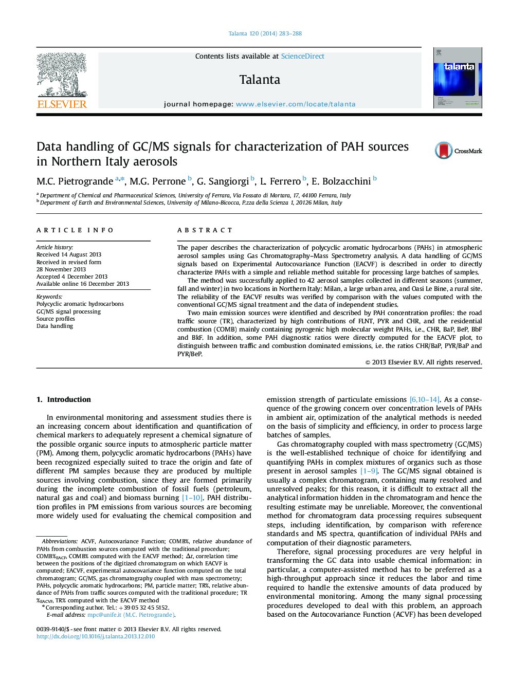 Data handling of GC/MS signals for characterization of PAH sources in Northern Italy aerosols