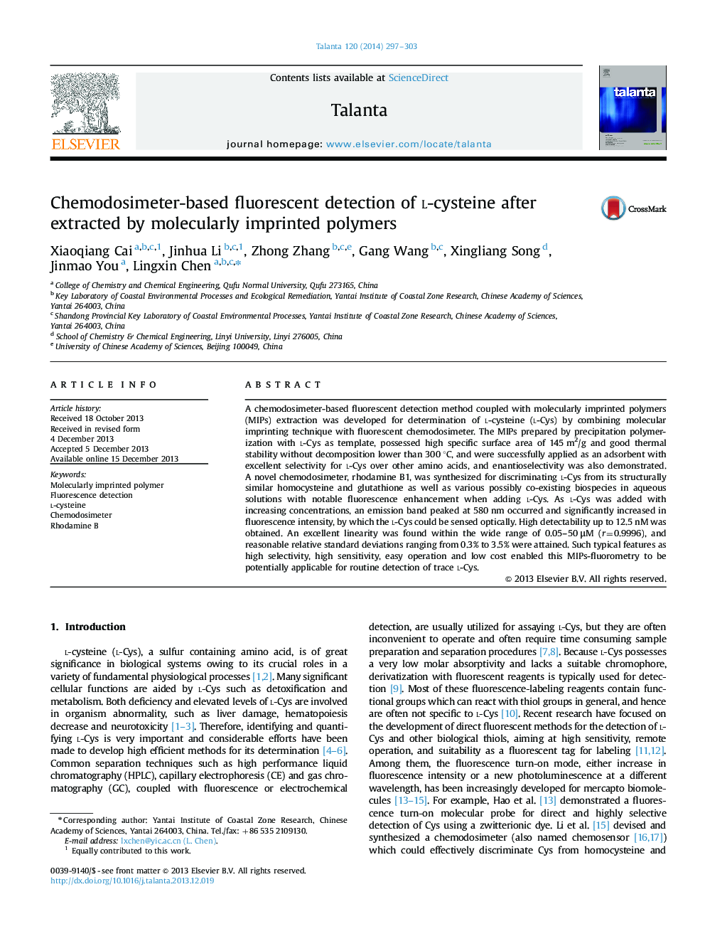 Chemodosimeter-based fluorescent detection of l-cysteine after extracted by molecularly imprinted polymers