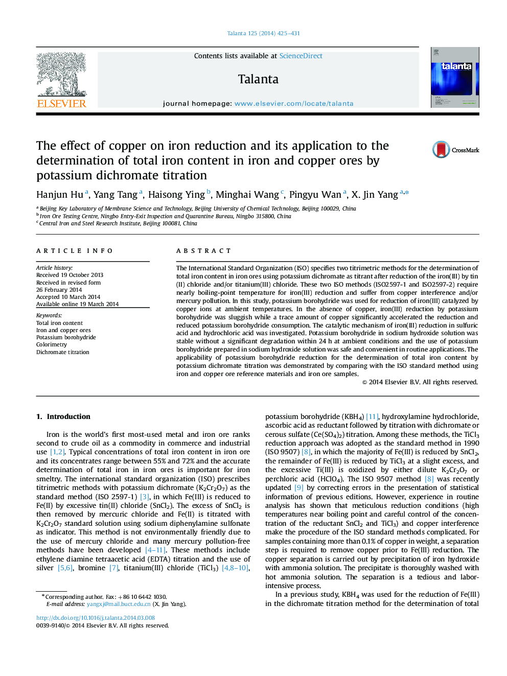 The effect of copper on iron reduction and its application to the determination of total iron content in iron and copper ores by potassium dichromate titration