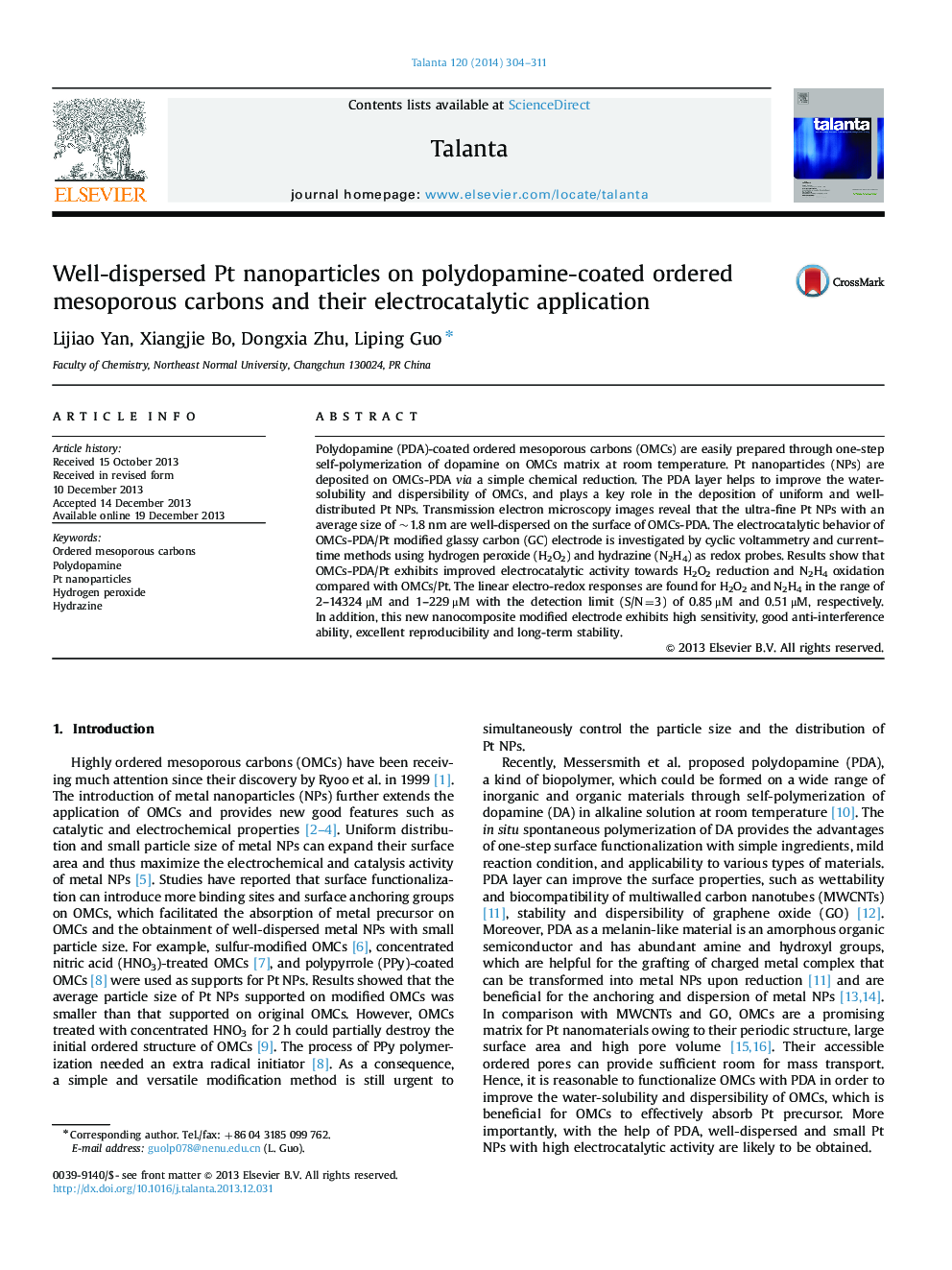 Well-dispersed Pt nanoparticles on polydopamine-coated ordered mesoporous carbons and their electrocatalytic application