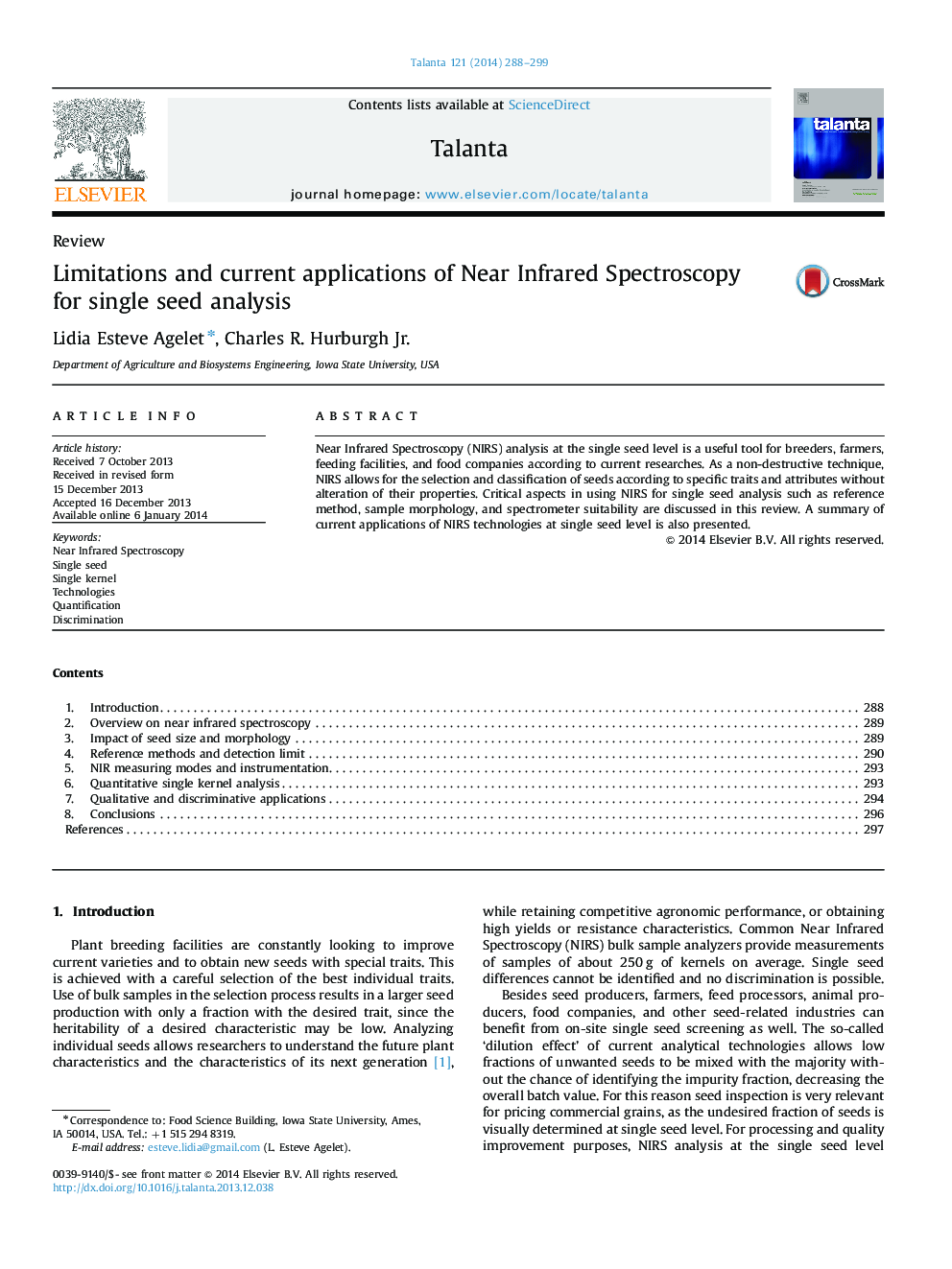 Limitations and current applications of Near Infrared Spectroscopy for single seed analysis