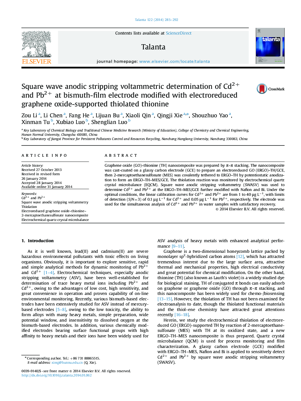 Square wave anodic stripping voltammetric determination of Cd2+ and Pb2+ at bismuth-film electrode modified with electroreduced graphene oxide-supported thiolated thionine