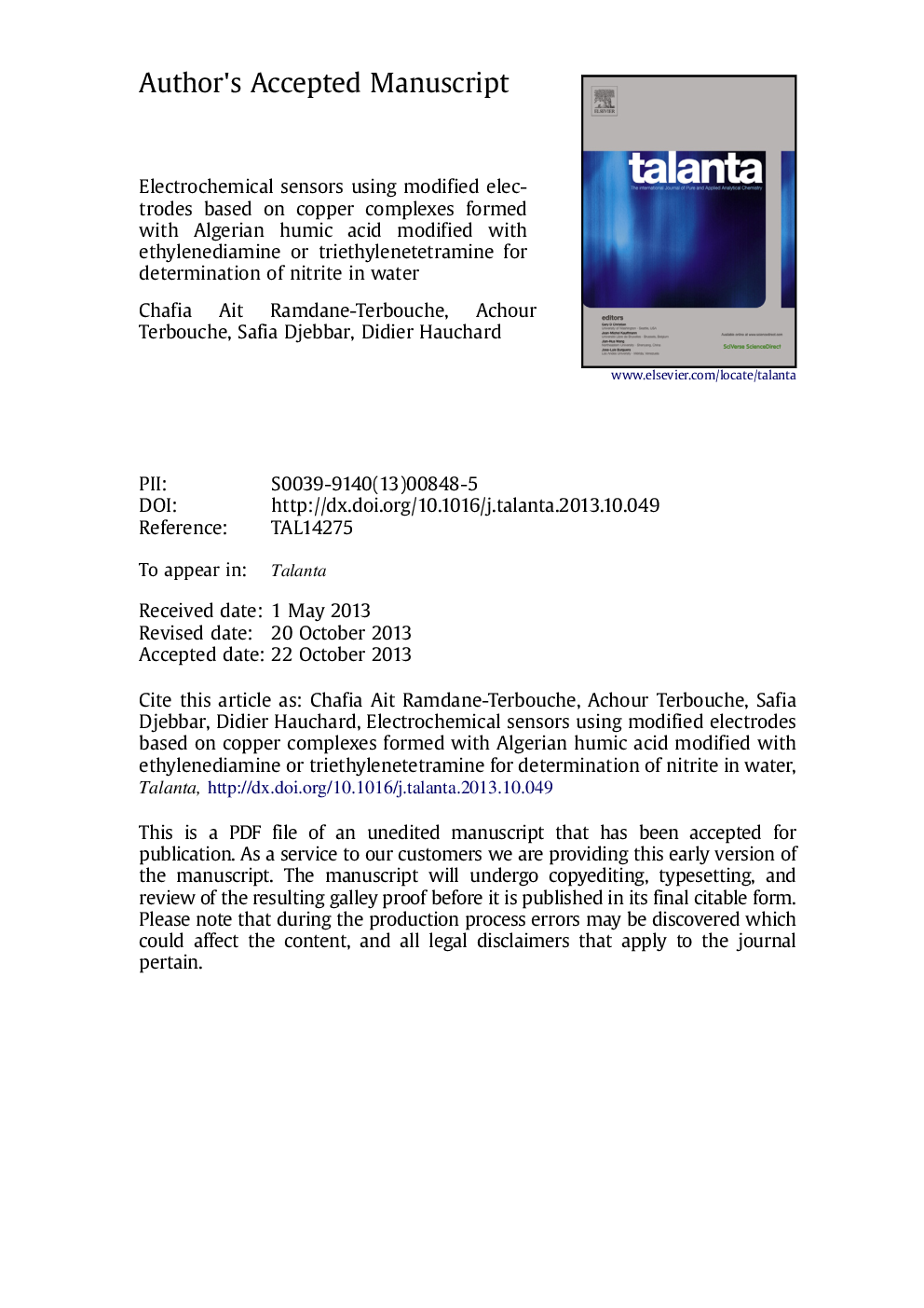 Electrochemical sensors using modified electrodes based on copper complexes formed with Algerian humic acid modified with ethylenediamine or triethylenetetramine for determination of nitrite in water