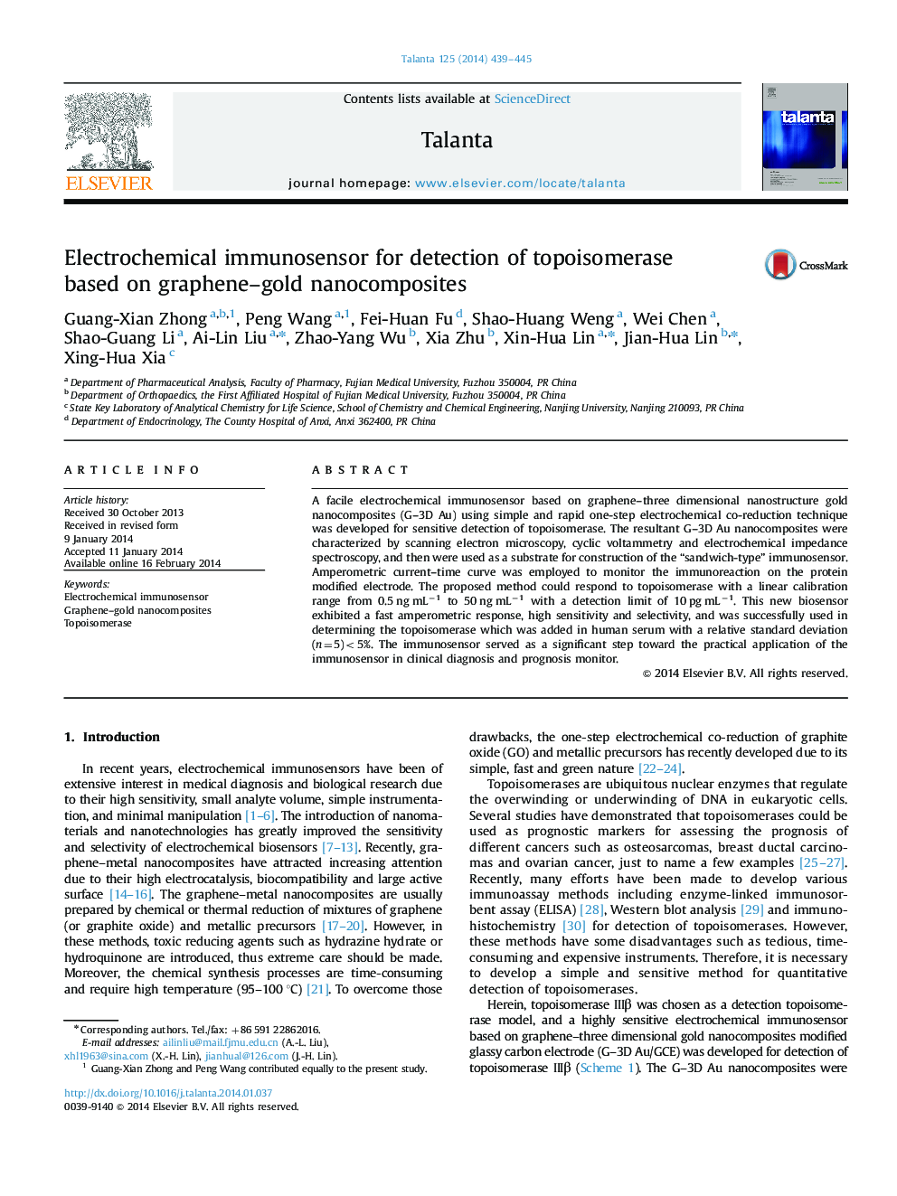 Electrochemical immunosensor for detection of topoisomerase based on graphene-gold nanocomposites