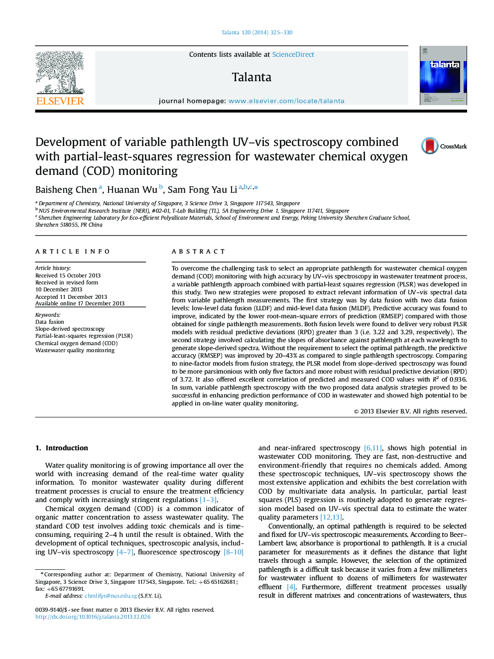 Development of variable pathlength UV-vis spectroscopy combined with partial-least-squares regression for wastewater chemical oxygen demand (COD) monitoring