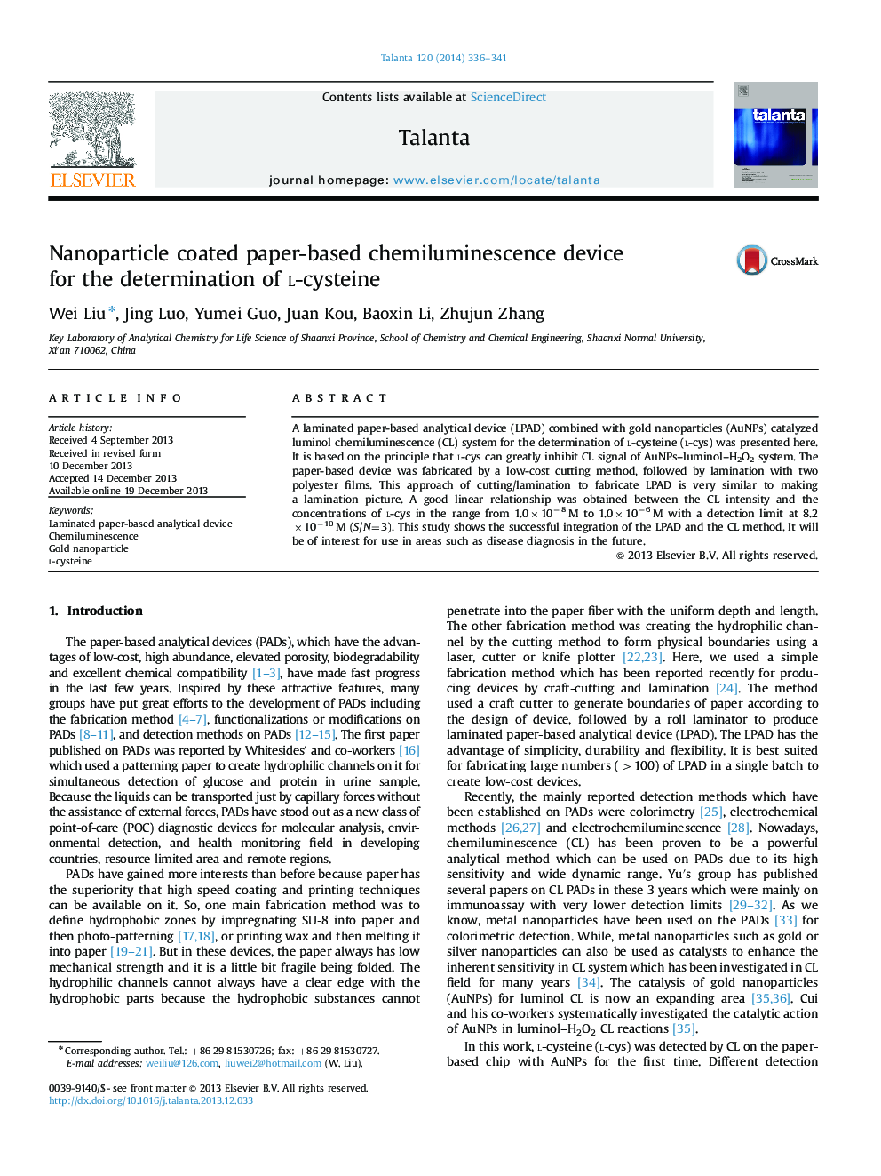 Nanoparticle coated paper-based chemiluminescence device for the determination of l-cysteine