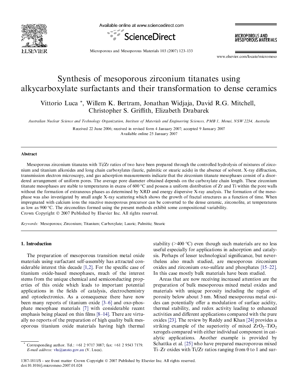Synthesis of mesoporous zirconium titanates using alkycarboxylate surfactants and their transformation to dense ceramics