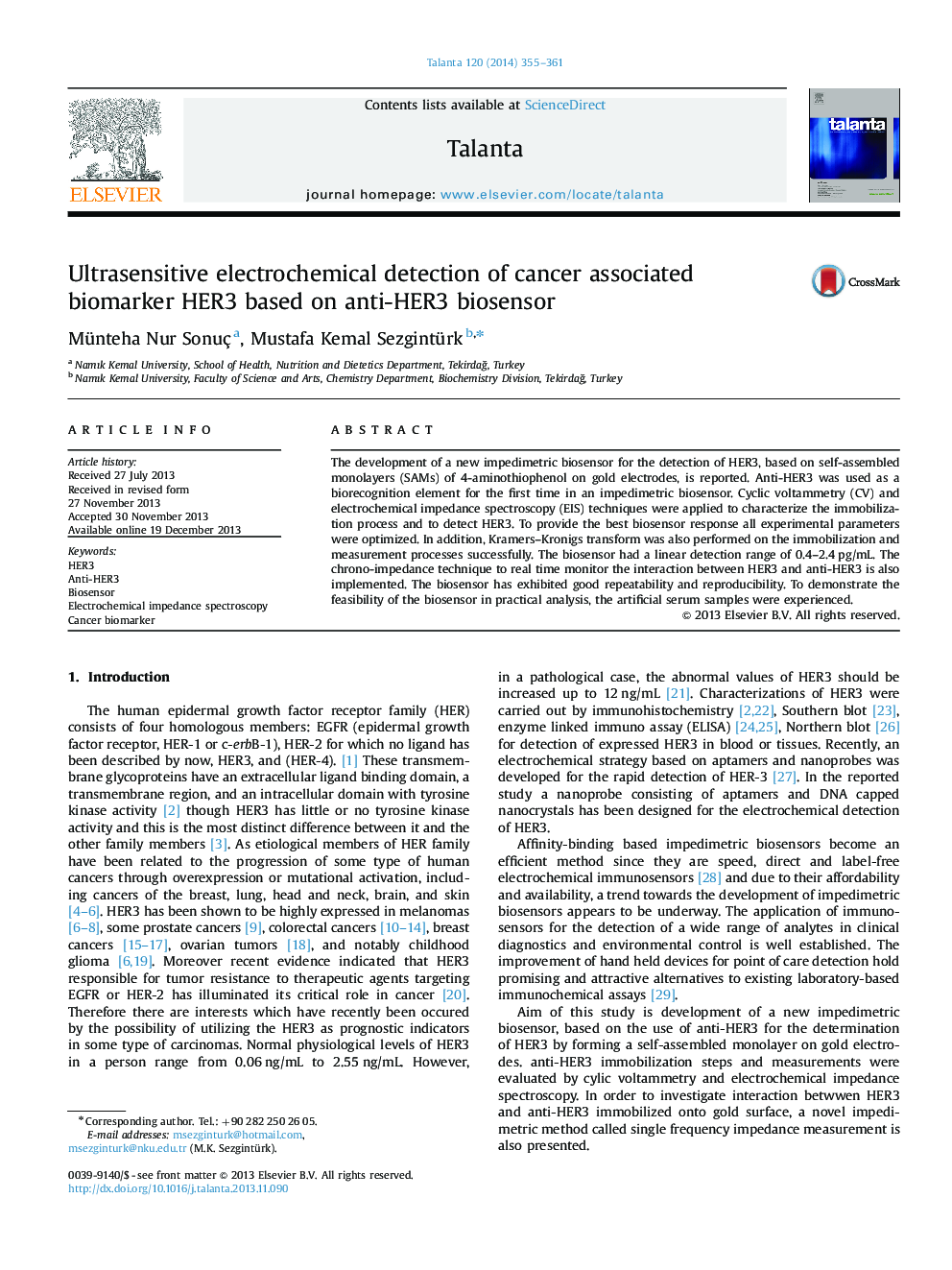 Ultrasensitive electrochemical detection of cancer associated biomarker HER3 based on anti-HER3 biosensor