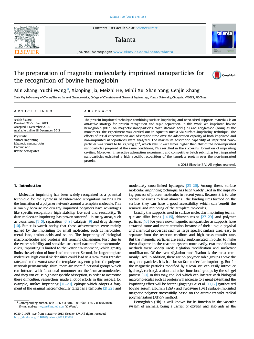 The preparation of magnetic molecularly imprinted nanoparticles for the recognition of bovine hemoglobin