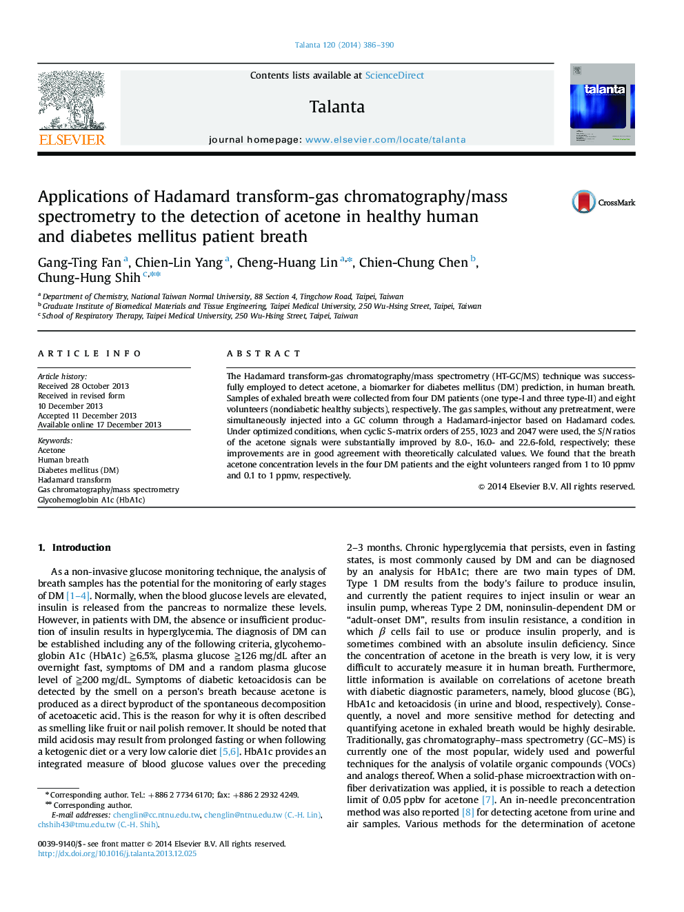 Applications of Hadamard transform-gas chromatography/mass spectrometry to the detection of acetone in healthy human and diabetes mellitus patient breath