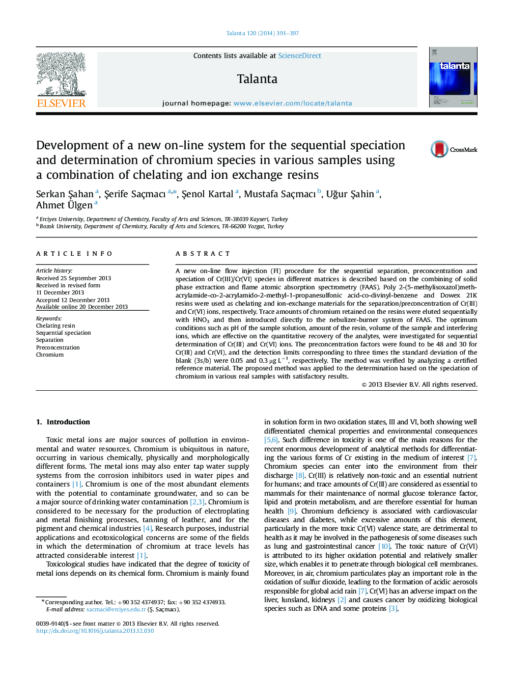 Development of a new on-line system for the sequential speciation and determination of chromium species in various samples using a combination of chelating and ion exchange resins