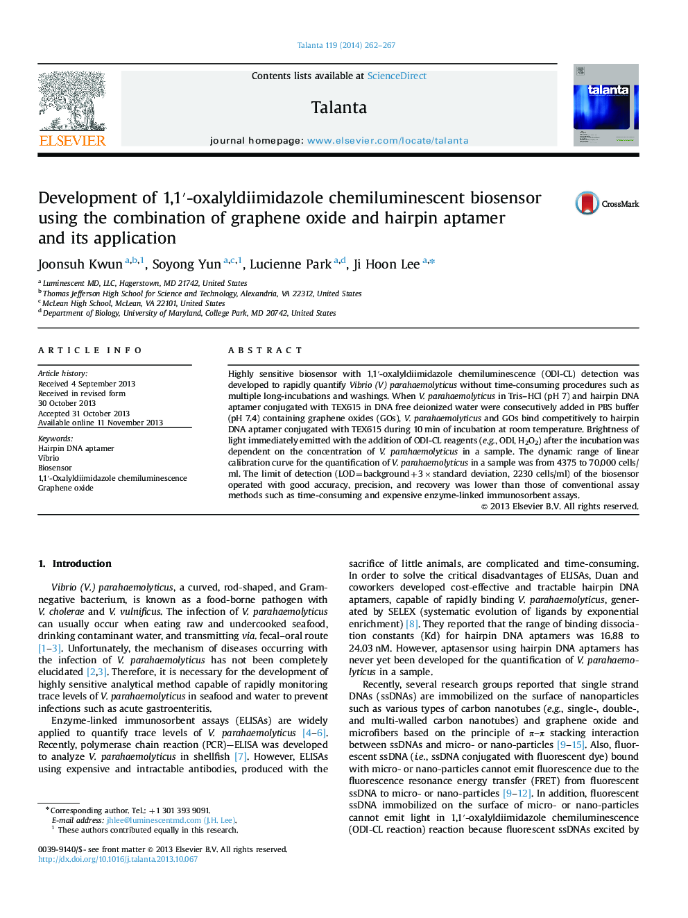 Development of 1,1â²-oxalyldiimidazole chemiluminescent biosensor using the combination of graphene oxide and hairpin aptamer and its application
