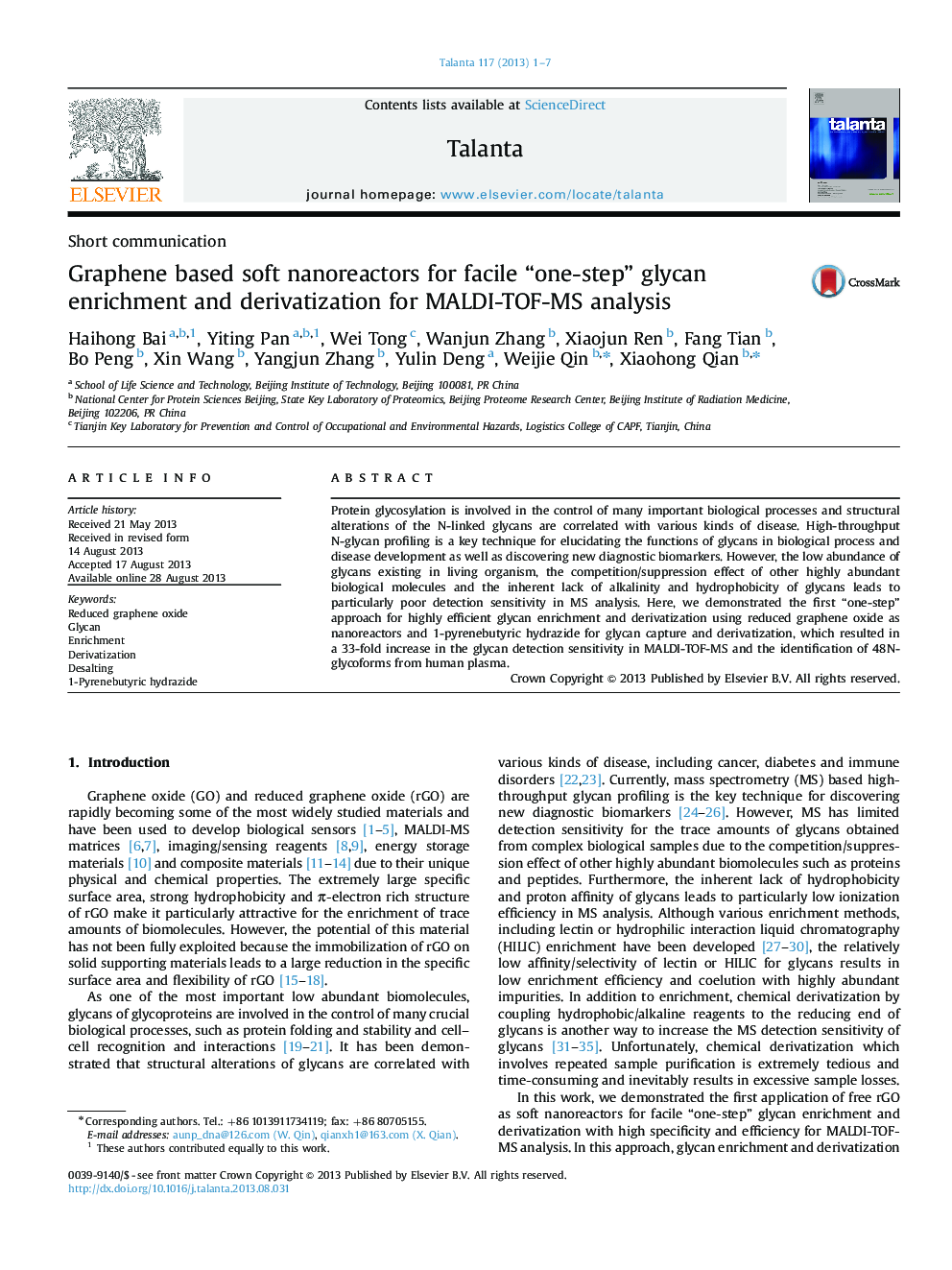 Graphene based soft nanoreactors for facile “one-step” glycan enrichment and derivatization for MALDI-TOF-MS analysis