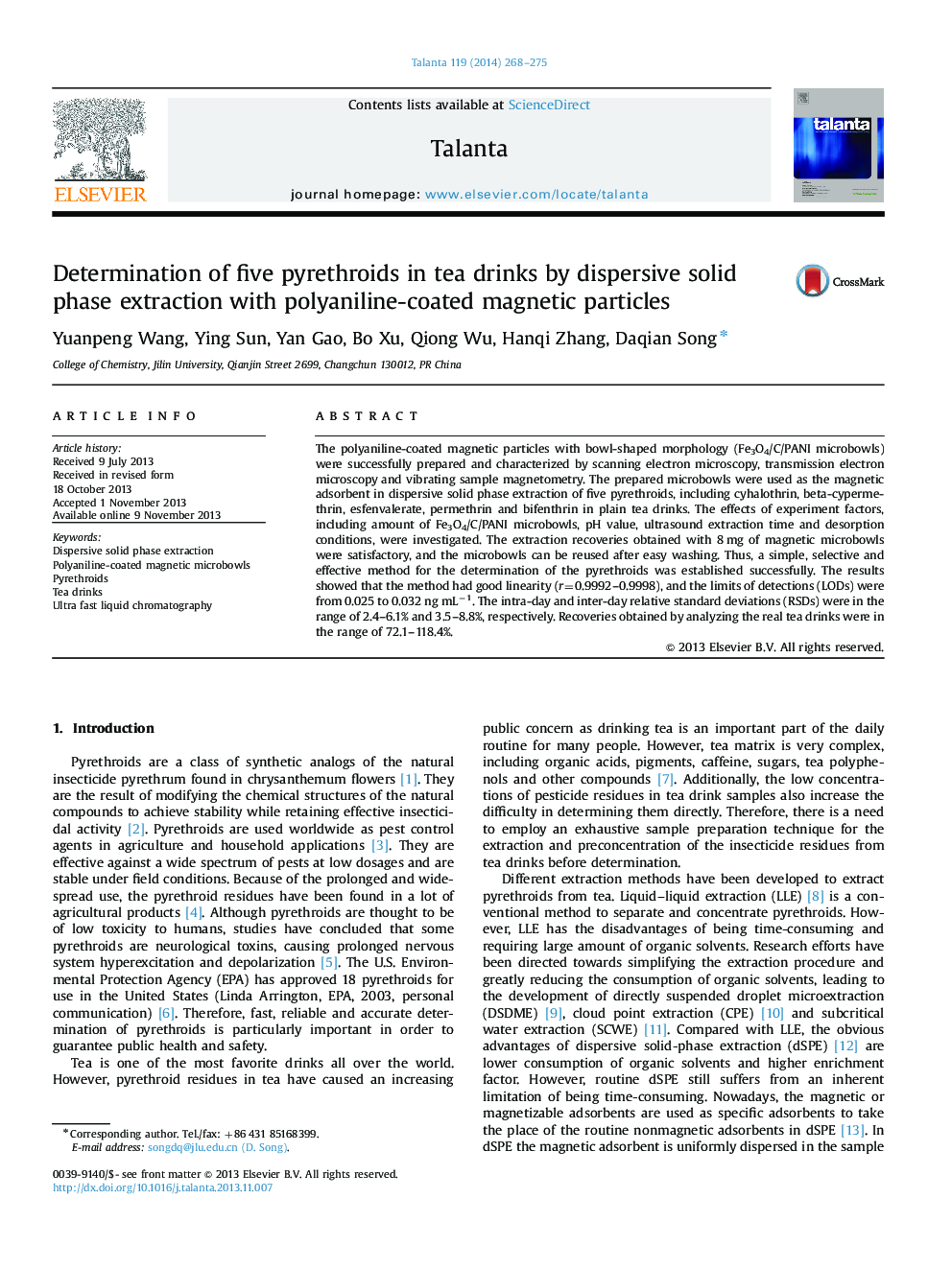 Determination of five pyrethroids in tea drinks by dispersive solid phase extraction with polyaniline-coated magnetic particles