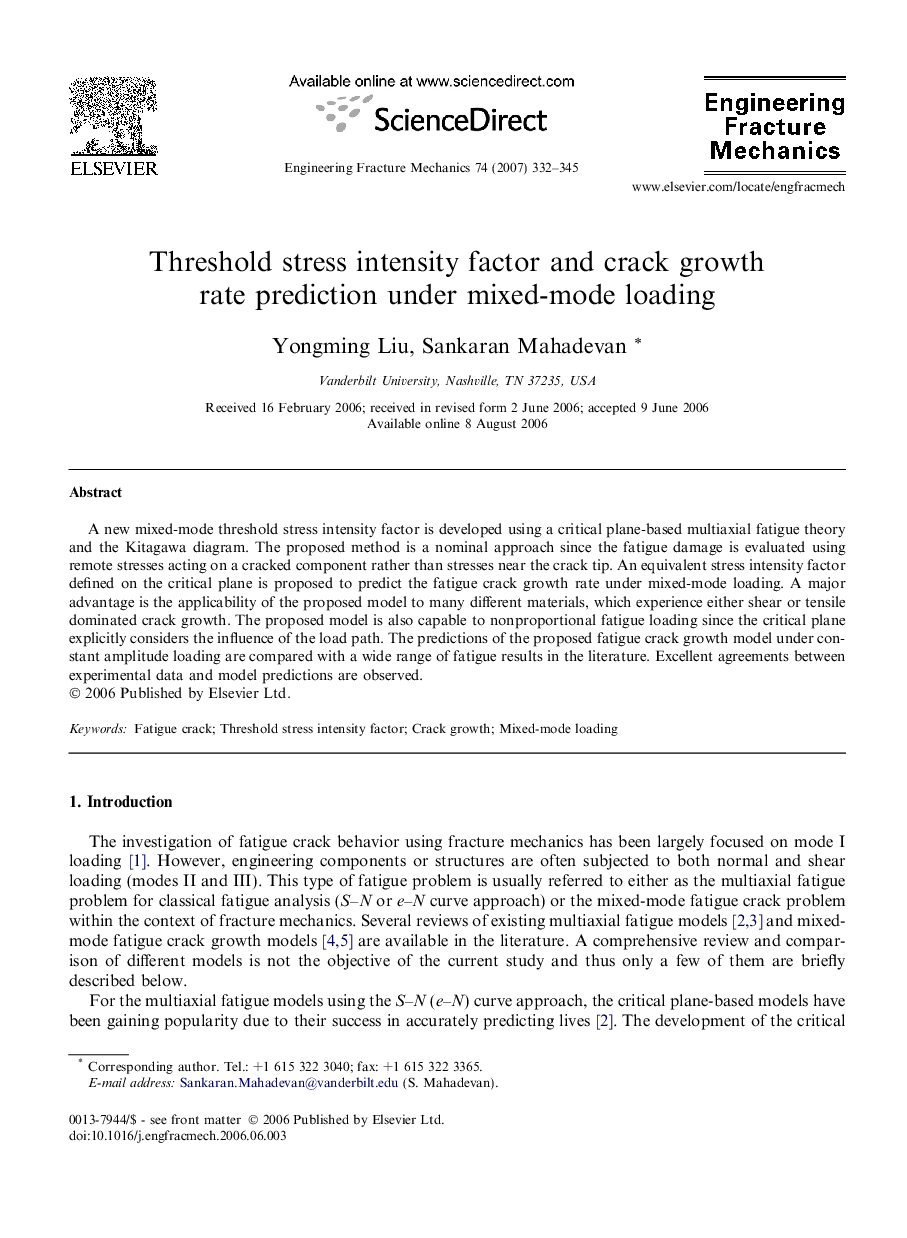 Threshold stress intensity factor and crack growth rate prediction under mixed-mode loading