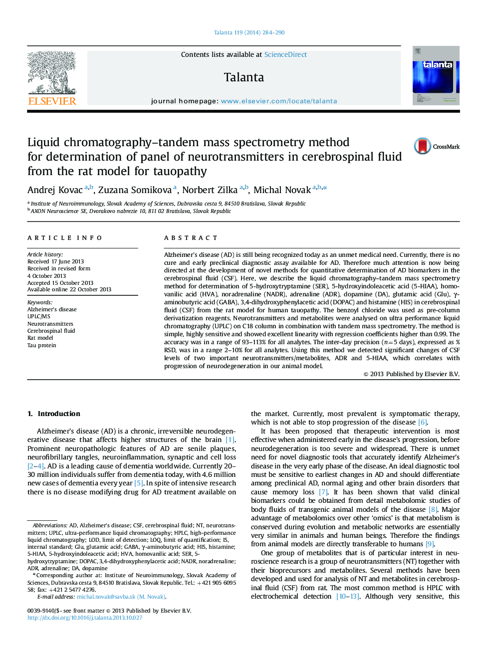 Liquid chromatography-tandem mass spectrometry method for determination of panel of neurotransmitters in cerebrospinal fluid from the rat model for tauopathy