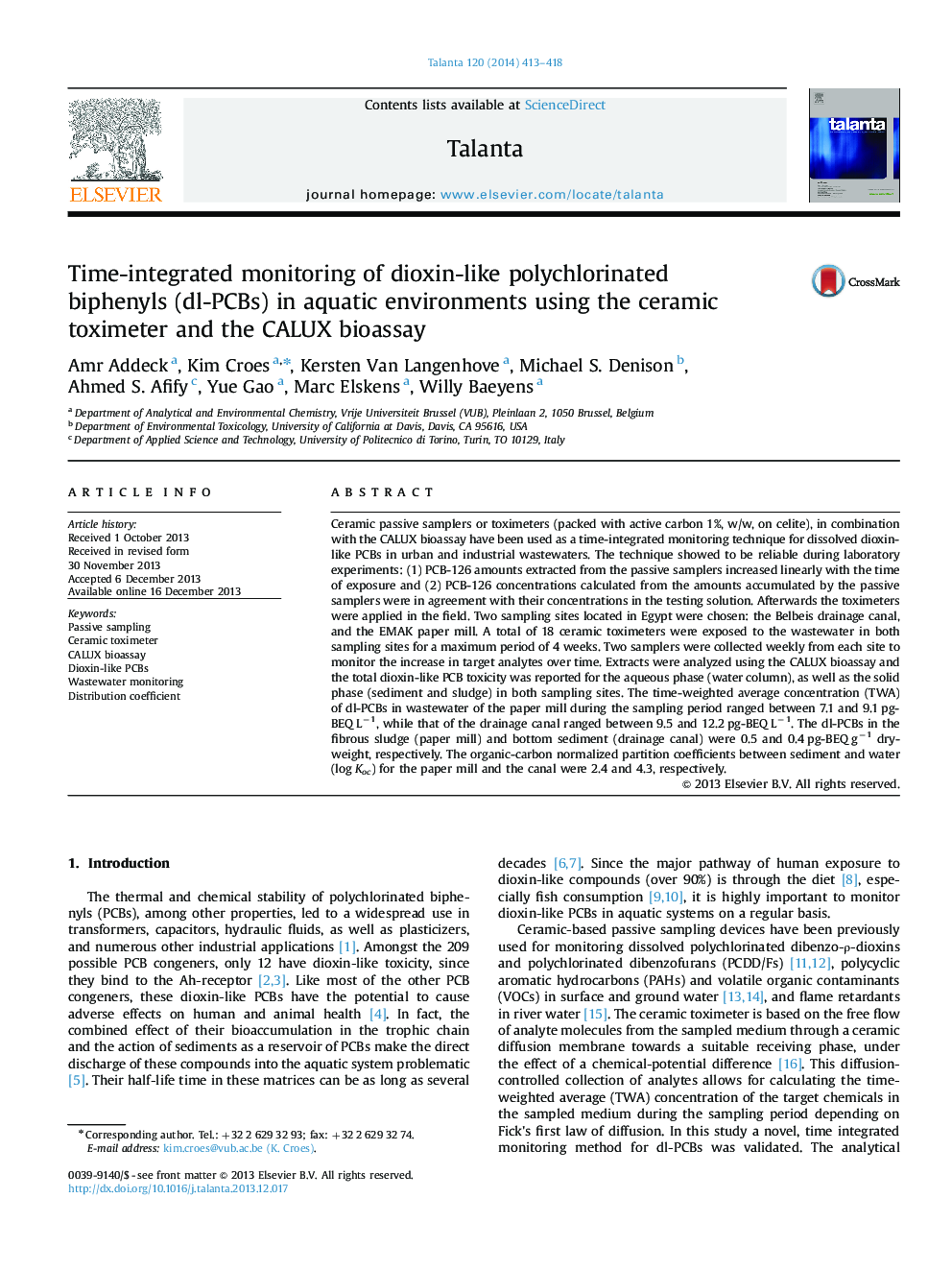 Time-integrated monitoring of dioxin-like polychlorinated biphenyls (dl-PCBs) in aquatic environments using the ceramic toximeter and the CALUX bioassay