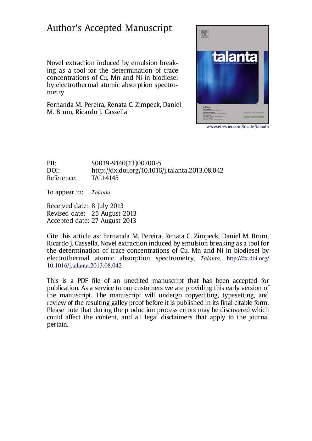 Novel extraction induced by emulsion breaking as a tool for the determination of trace concentrations of Cu, Mn and Ni in biodiesel by electrothermal atomic absorption spectrometry