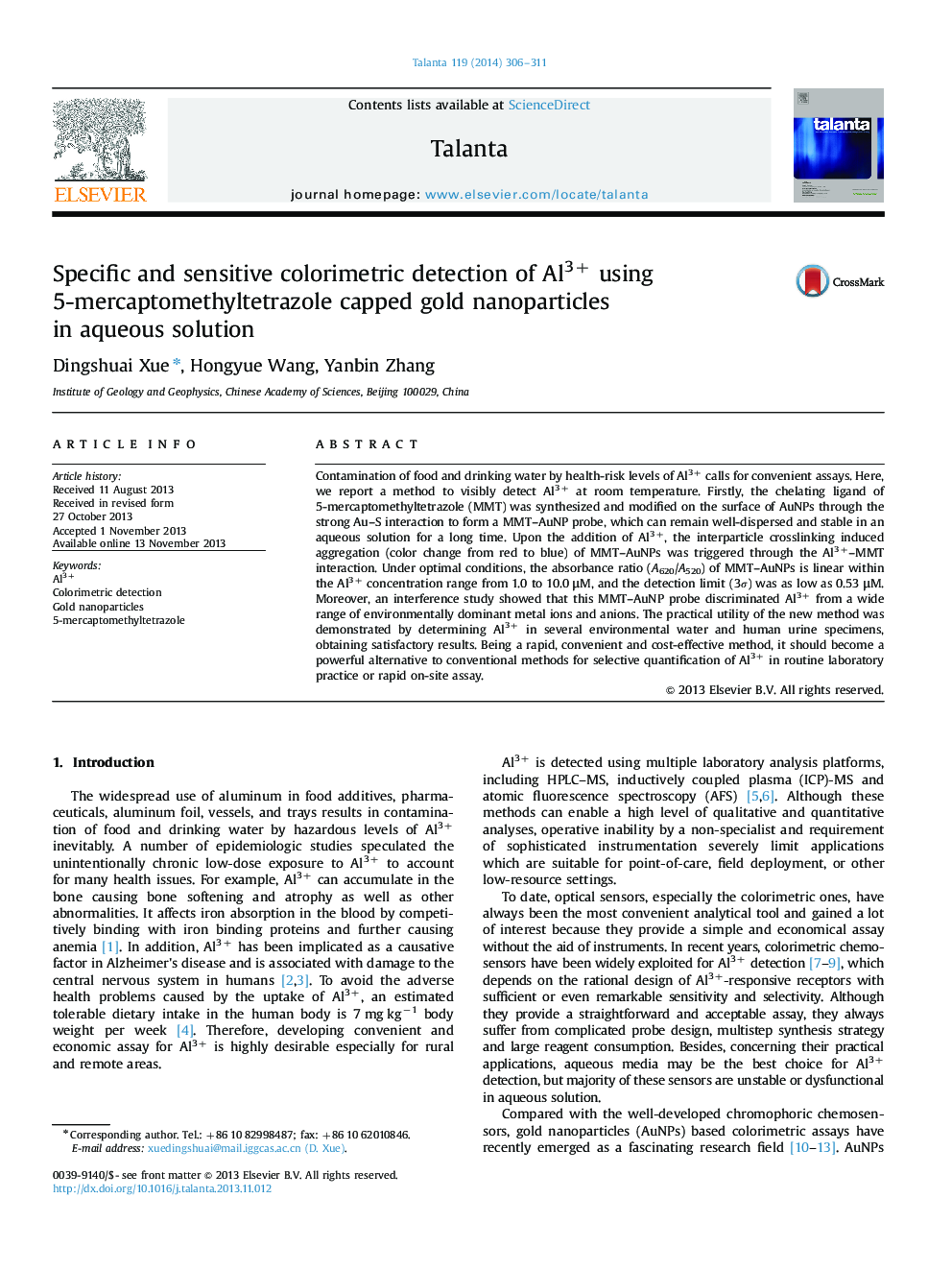 Specific and sensitive colorimetric detection of Al3+ using 5-mercaptomethyltetrazole capped gold nanoparticles in aqueous solution