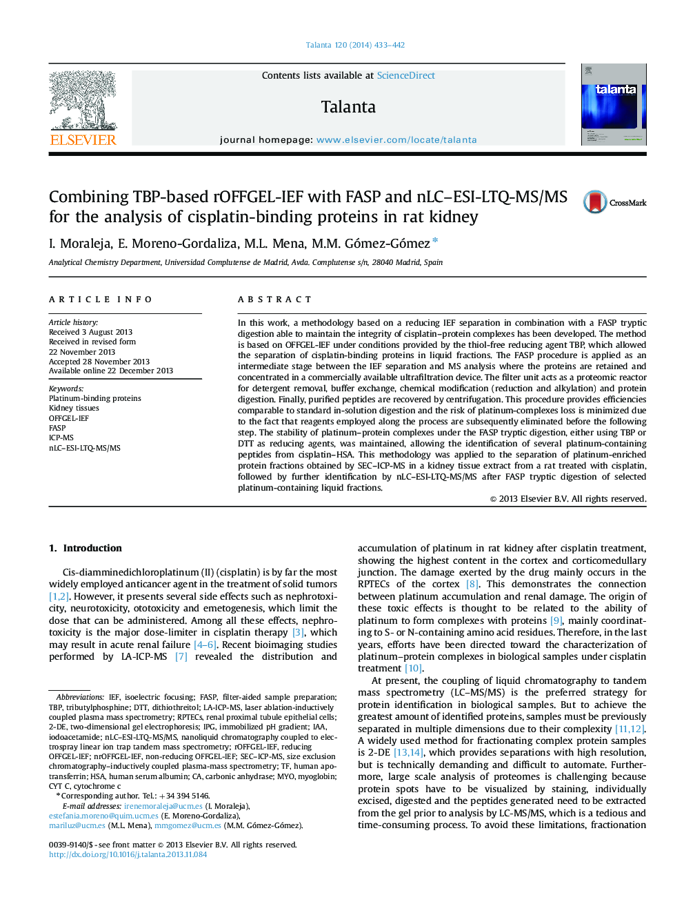 Combining TBP-based rOFFGEL-IEF with FASP and nLC-ESI-LTQ-MS/MS for the analysis of cisplatin-binding proteins in rat kidney