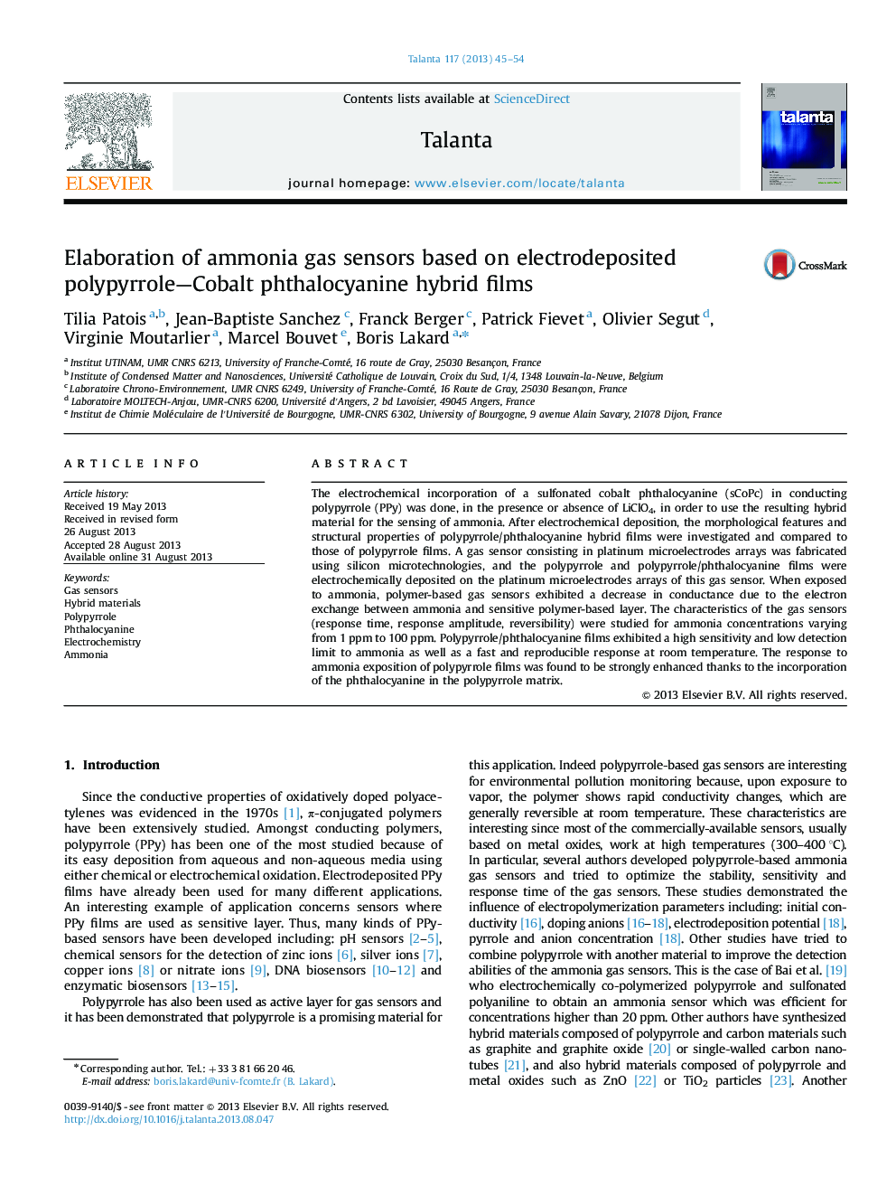 Elaboration of ammonia gas sensors based on electrodeposited polypyrrole-Cobalt phthalocyanine hybrid films