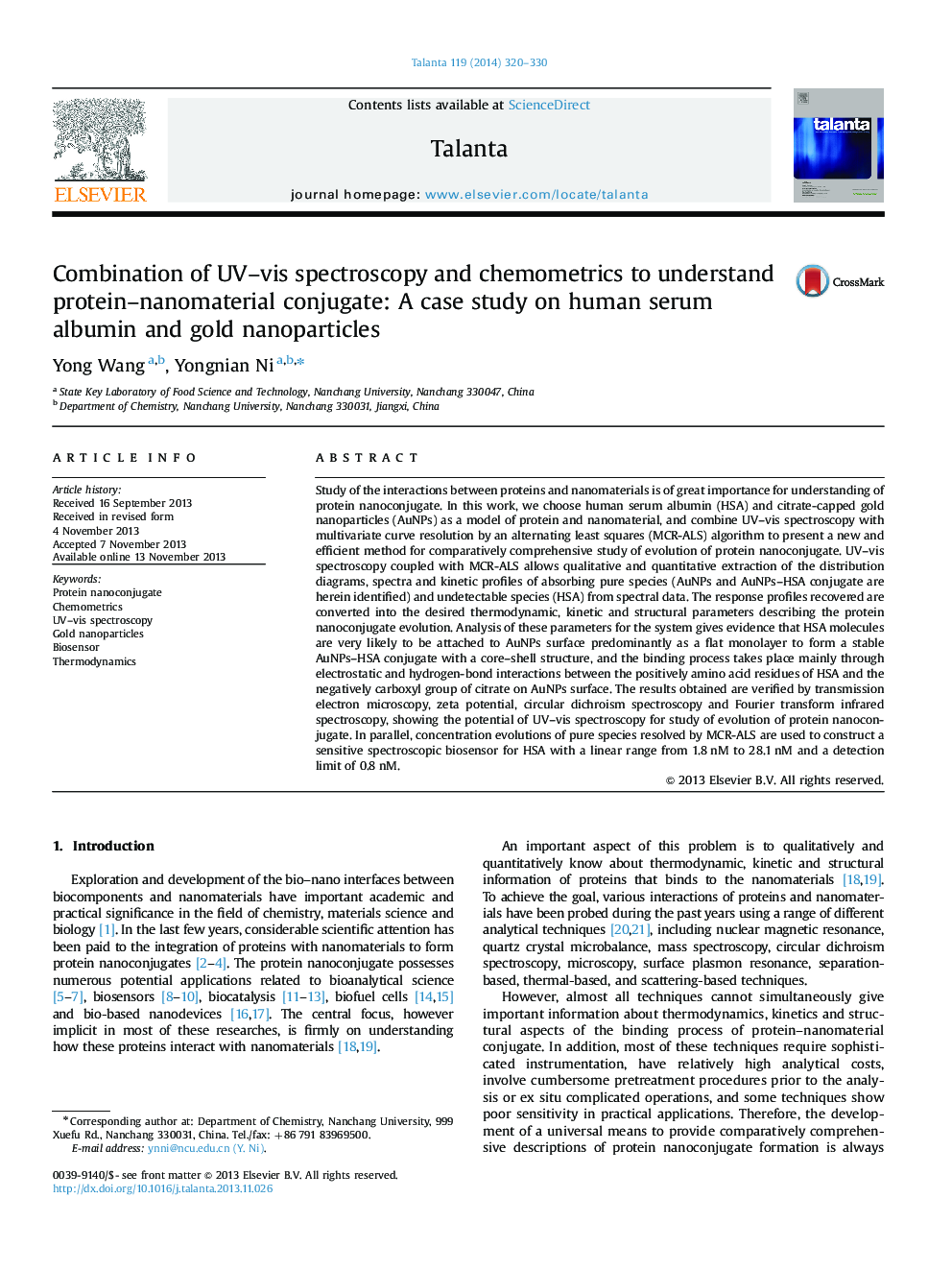 Combination of UV-vis spectroscopy and chemometrics to understand protein-nanomaterial conjugate: A case study on human serum albumin and gold nanoparticles