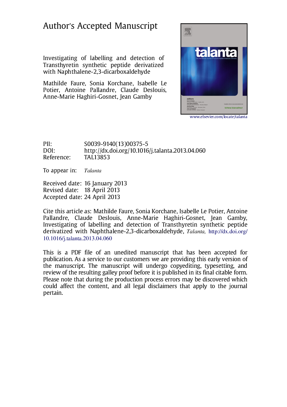 Investigating of labelling and detection of transthyretin synthetic peptide derivatized with naphthalene-2,3-dicarboxaldehyde