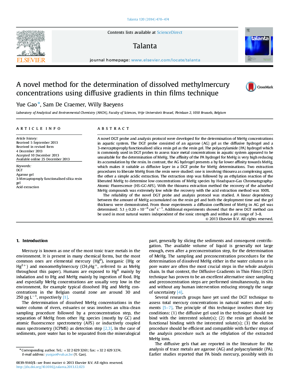 A novel method for the determination of dissolved methylmercury concentrations using diffusive gradients in thin films technique